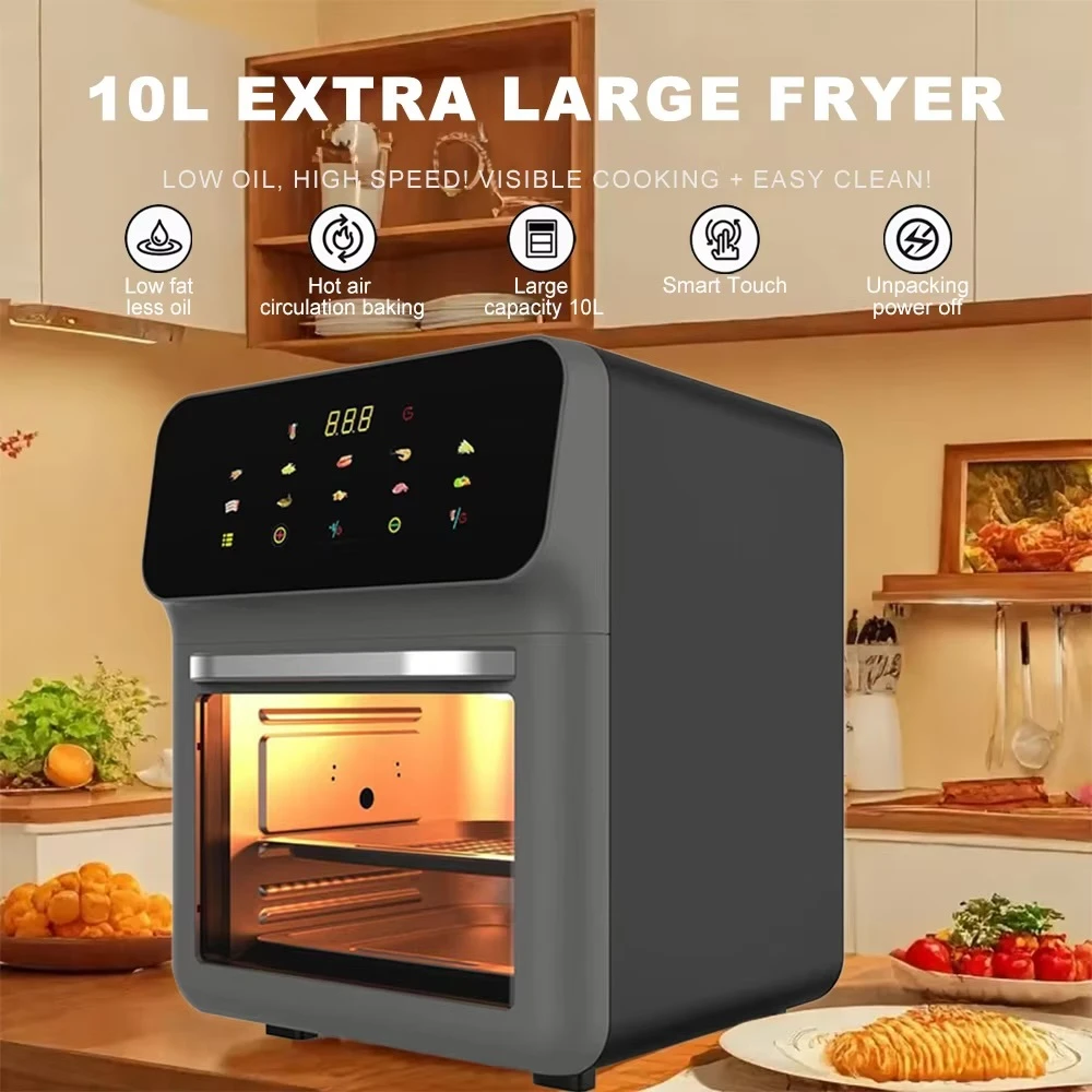 Multifunctional 10L Air Fryer Large Capacity Electric Oven Household kitchen Non-stick Pan Touch Screen Visual 10 Presets Guided Cooking 10L fryers in dark Gray grey with black