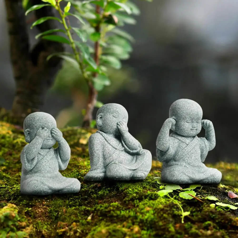 Baby Buddha Small Monks Miniature Japanese Thai Tea Tray Statue, Outdoors garden Art Sculpture home Decor ornament Gifts pray Contemplation Resting sleeping Hear See Speak No Evil Figurine Fengshui Ornaments gifting in Gray grey