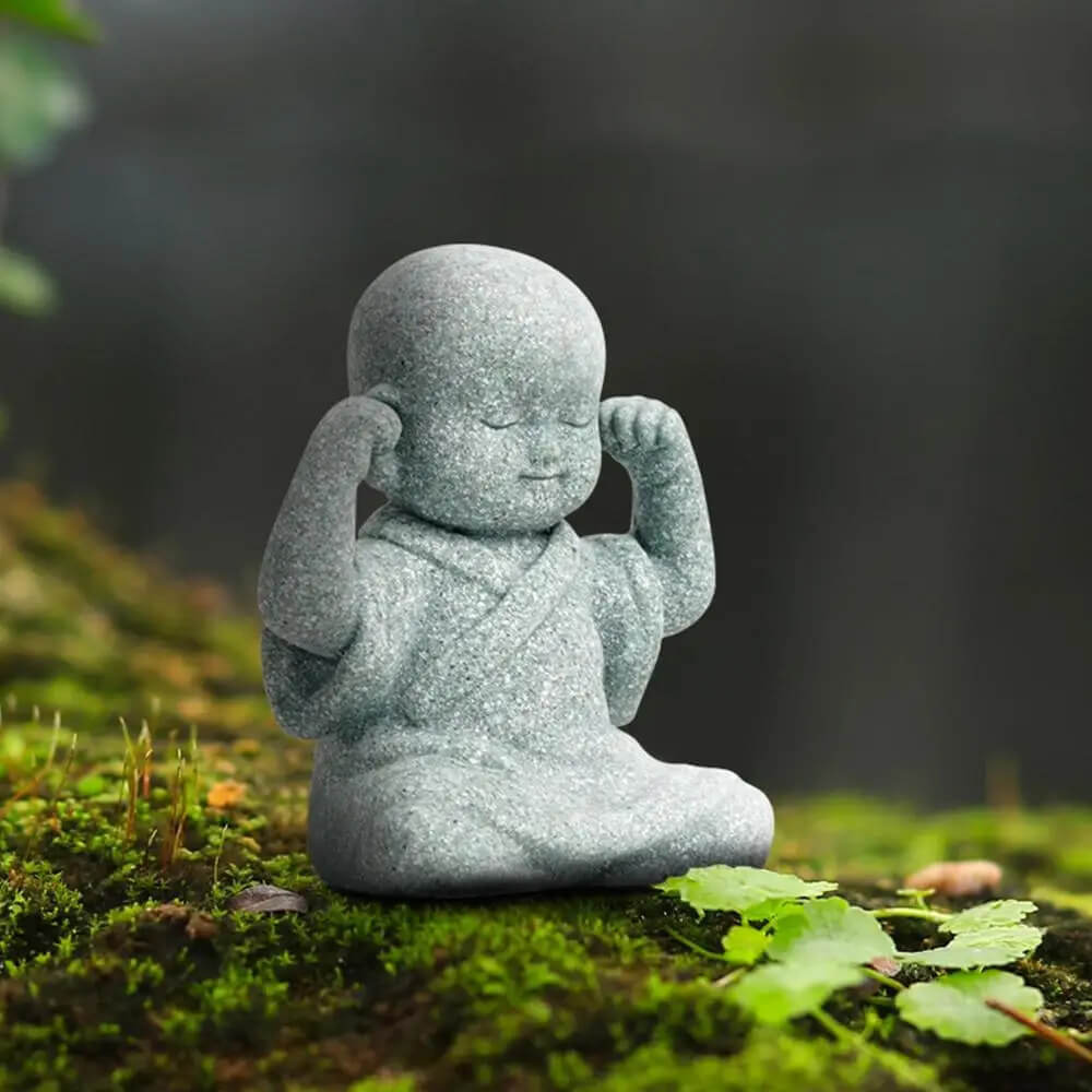 Baby Buddha Small Monks Miniature Japanese Thai Tea Tray Statue, Outdoors garden Art Sculpture home Decor ornament Gifts pray Contemplation Resting sleeping Hear See Speak No Evil Figurine Fengshui Ornaments gifting in Gray grey