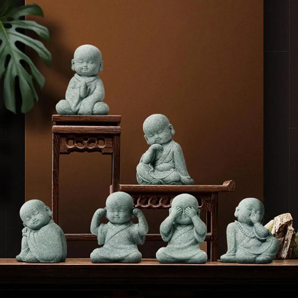 Baby Buddha Small Monks Miniature Japanese Thai Tea Tray Statue, Outdoors garden Art Sculpture home Decor ornament Gifts pray Contemplation Resting sleeping Hear See Speak No Evil Figurine Fengshui Ornaments gifting in Gray grey