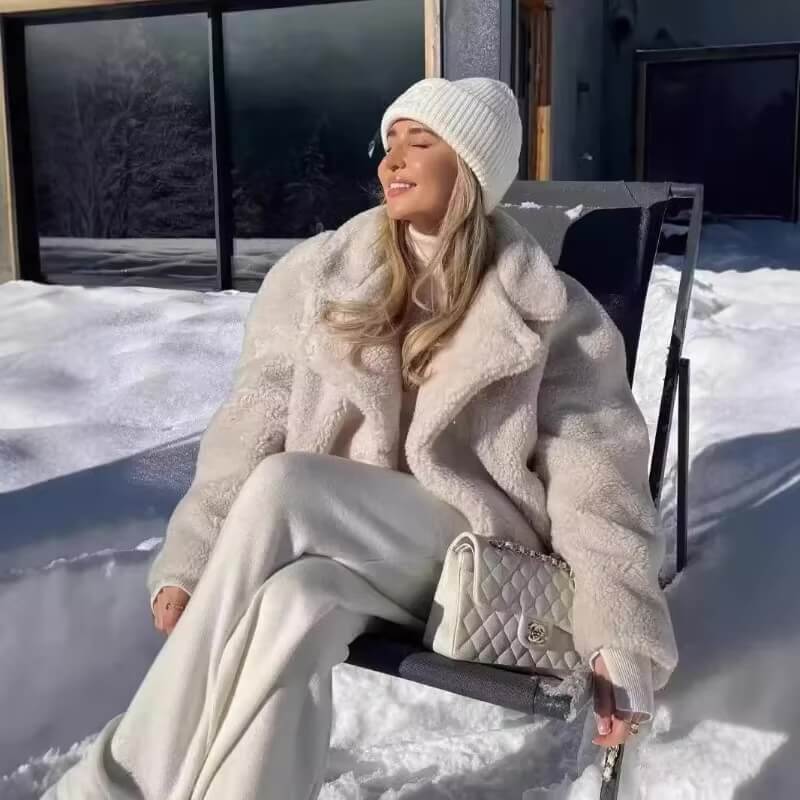 Women’s woman womens petite-, tall-, plus-, size Winter Fashion Warm Plush Ladies Casual Turn-Down Collar Thick Female Vintage Long Sleeves button-up irregular close patch pockets Outerwear in light Apricot Outwear Jackets Coats