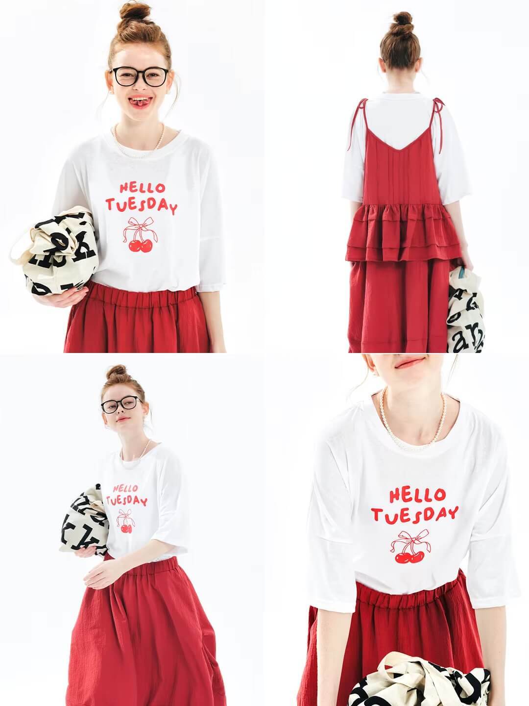 Crewneck Letter T-Shirt   Women’s Message “HELLO TUESDAY printed pure cotton simple loose round O-neck large T-shirts for Woman in with with red Womens Spring Summer crew neck fashion tops style #244682