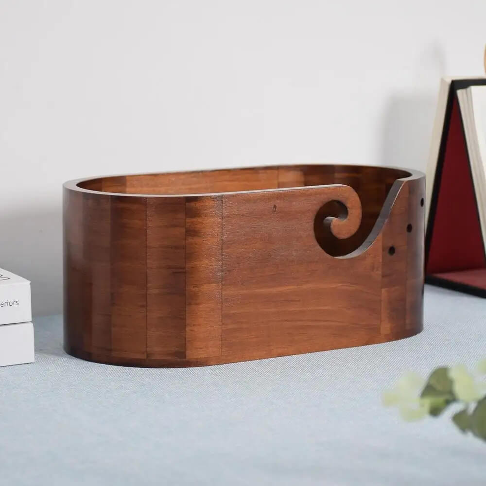 Wooden Yarn Bowl Large size for multiple yarns, skeins oval wooden bowls with carved holes crochet hook rests Portable home decor crafts knitting accessories in brown
