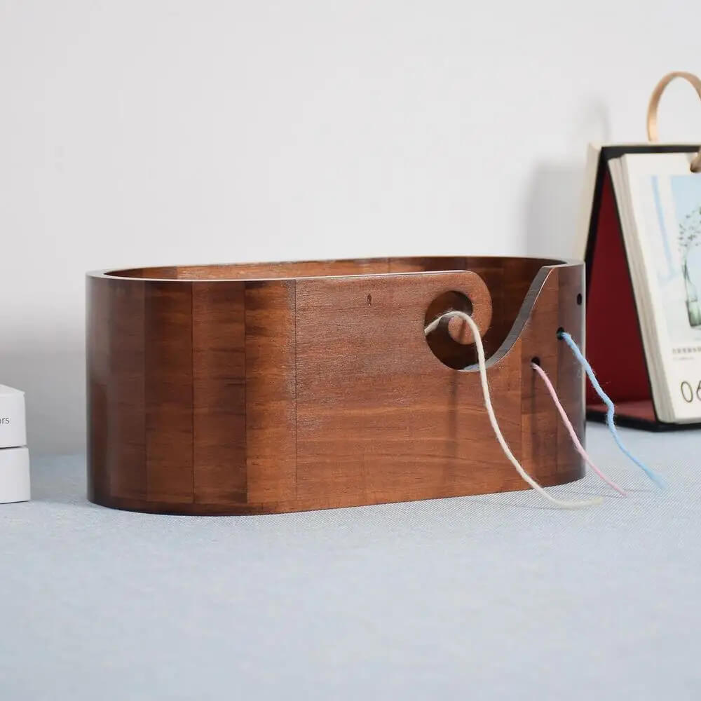 Wooden Yarn Bowl Large size for multiple yarns, skeins oval wooden bowls with carved holes crochet hook rests Portable home decor crafts knitting accessories in brown