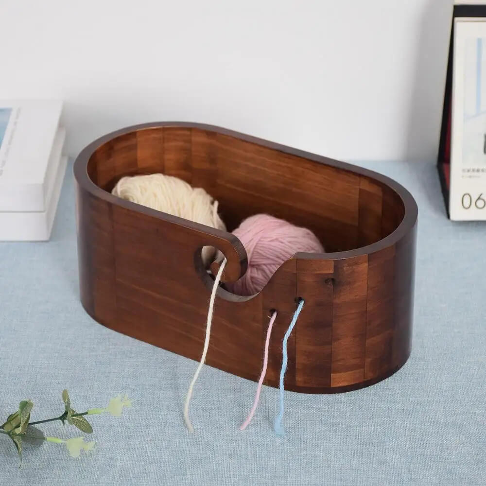 Wooden Yarn Bowl Large size for multiple yarns, skeins oval wooden bowls with carved holes crochet hook rests Portable home decor crafts knitting accessories in brown
