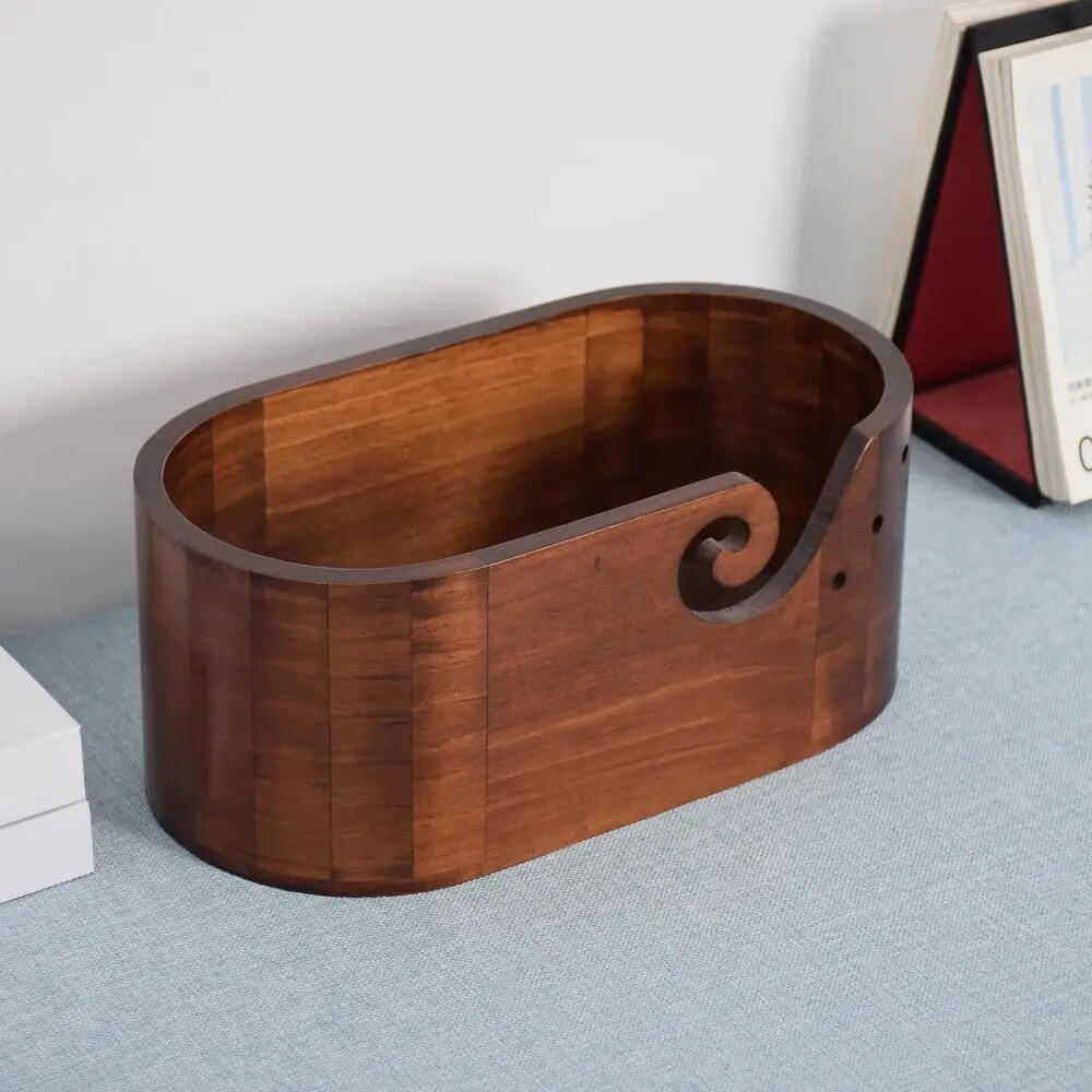 Wooden Yarn Bowl Large size for multiple yarns, skeins oval wooden bowls with carved holes crochet hook rests Portable home decor crafts knitting accessories in brown
