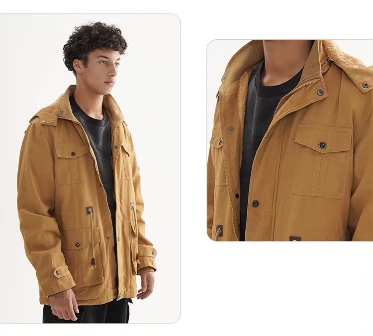 Men’s man mens petite-, tall-, plus-, size Trending Light Travel Trendy Spring Summer Fall Autumn Winter all-season formal office commute workwear hooded pockets zipper close lined Outerwear field coat outdoor camping Outwear Coats in khaki camel color