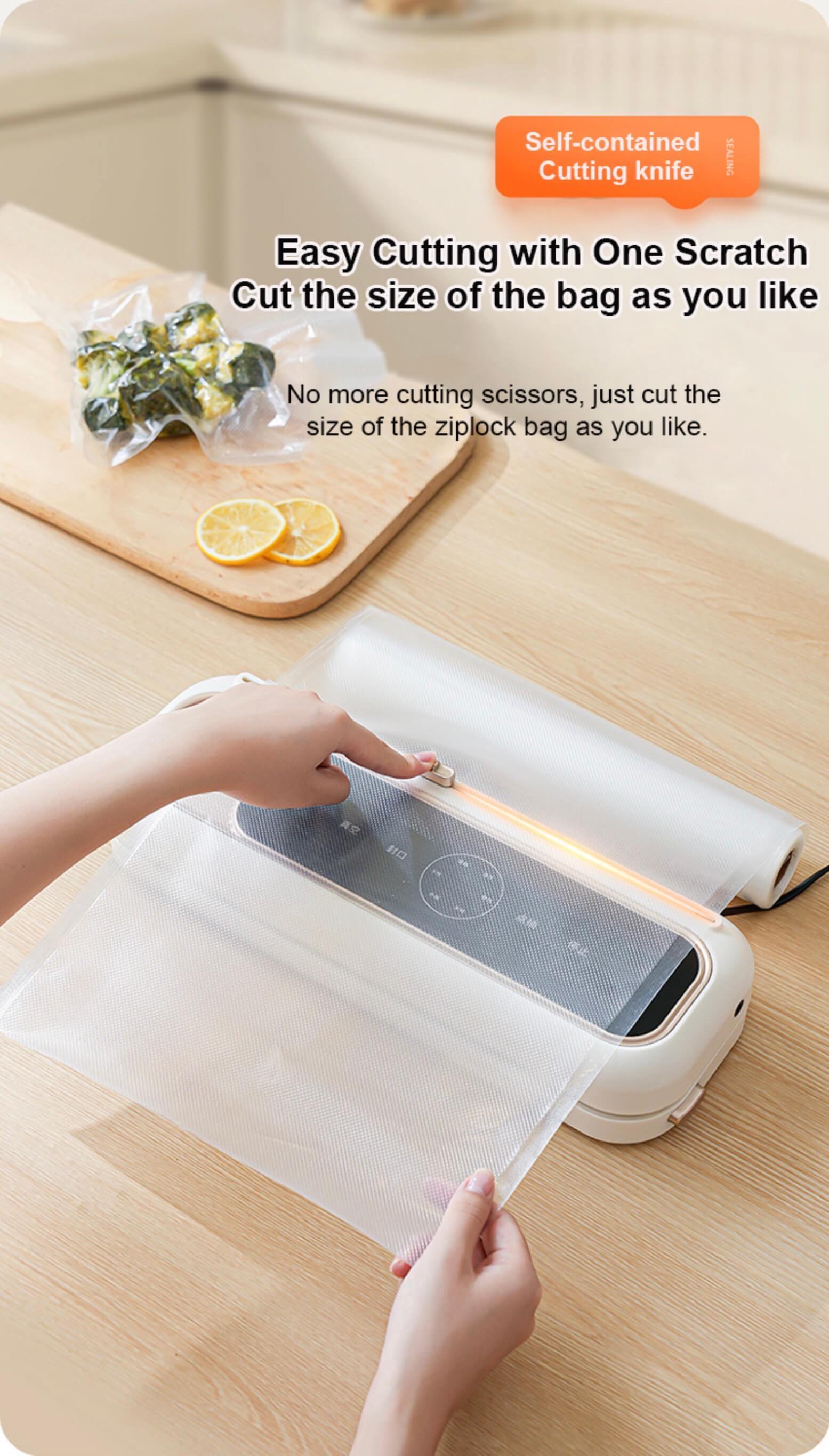 Automatic Food Vacuum Sealer with Built-In Cutter Dry/Wet Food Preservation Storage High Suction Force Sealing External Pumping sealers In white