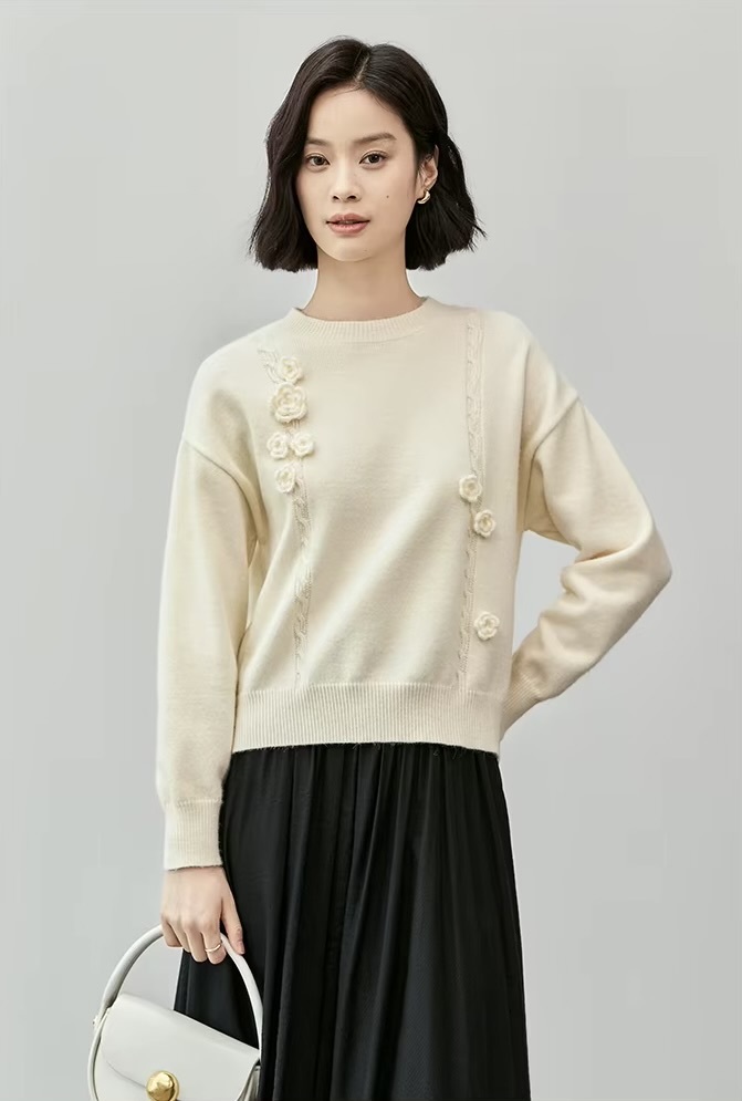 Crewneck Knit Sweater apricot   Women’s casual loose three-dimensional flowers long sleeves crew neck collar knit sweaters for woman in cream Round o-neck pullover Tops Fall Autumn Spring womens fashion petite-, tall-, plus-, size 3D floral styles #W43E56356