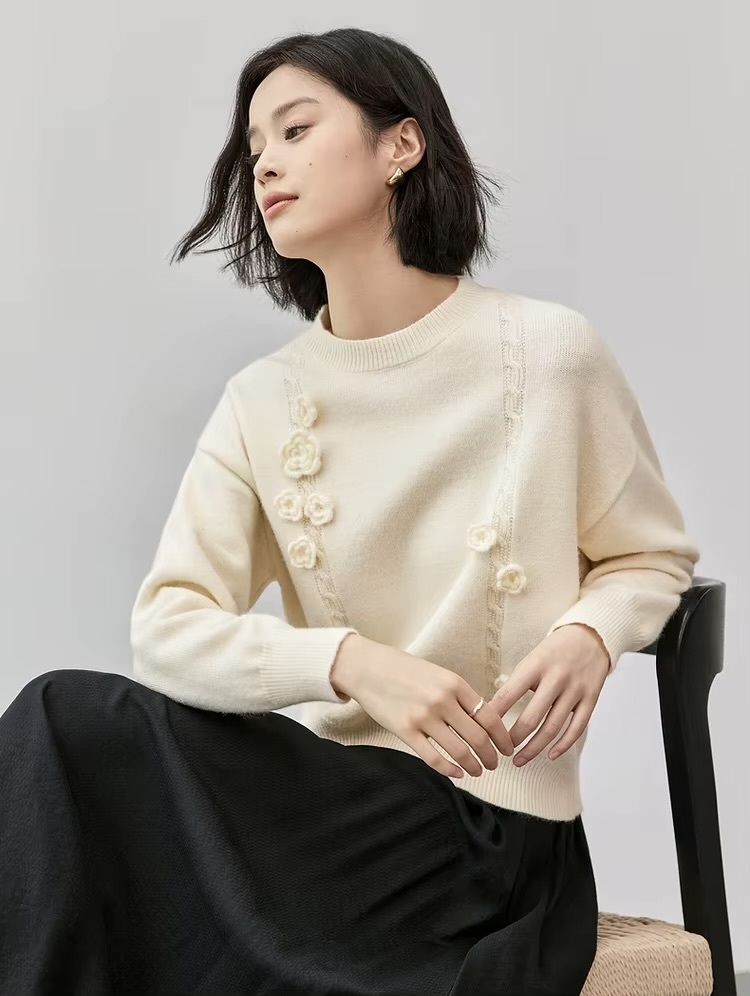 Crewneck Knit Sweater apricot   Women’s casual loose three-dimensional flowers long sleeves crew neck collar knit sweaters for woman in cream Round o-neck pullover Tops Fall Autumn Spring womens fashion petite-, tall-, plus-, size 3D floral styles #W43E56356