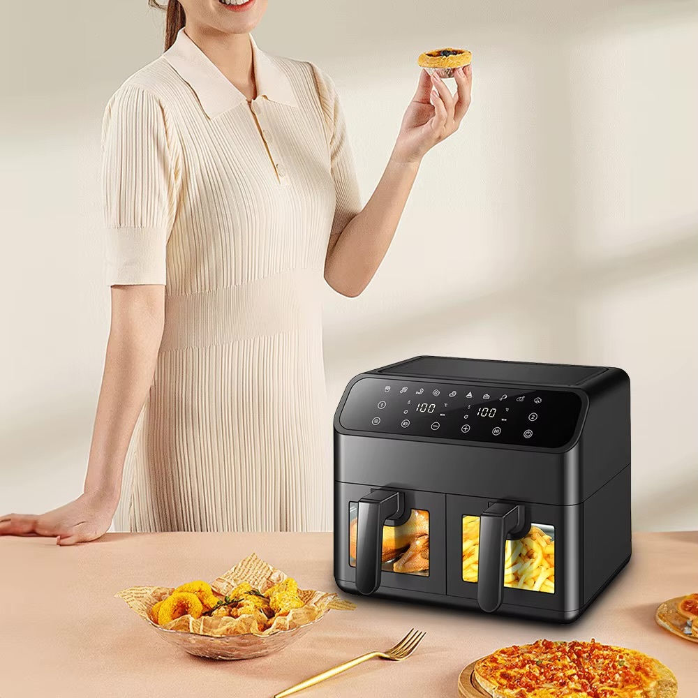 Multifunctional Dual Basket 8L Air Fryer (4L + 4L) Large Capacity Healthy Fryer Oven with Non-Stick Coating Viewing Window for BBQ Baking Roasting for Family UK plug socket Household kitchen Non-stick Pan Touch Screen Visual 10 Presets Guided Cooking 8L fryers in black