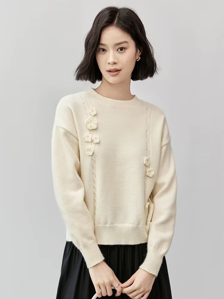 Crewneck Knit Sweater apricot   Women’s casual loose three-dimensional flowers long sleeves crew neck collar knit sweaters for woman in cream Round o-neck pullover Tops Fall Autumn Spring womens fashion petite-, tall-, plus-, size 3D floral styles #W43E56356