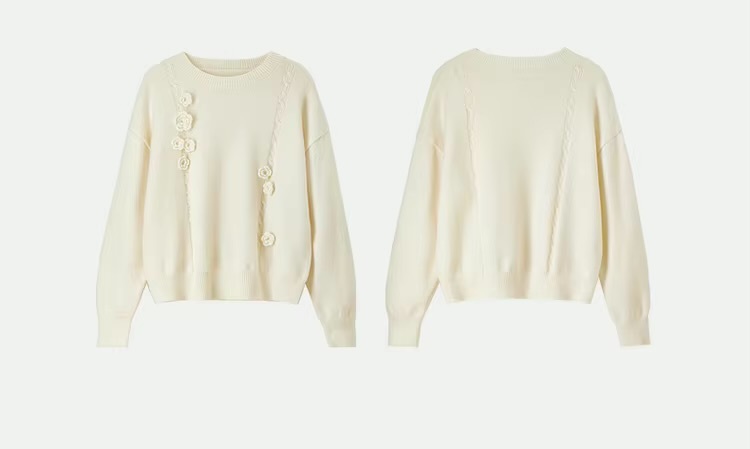 Crewneck Knit Sweater apricot   Women’s casual loose three-dimensional flowers long sleeves crew neck collar knit sweaters for woman in cream Round o-neck pullover Tops Fall Autumn Spring womens fashion petite-, tall-, plus-, size 3D floral styles #W43E56356