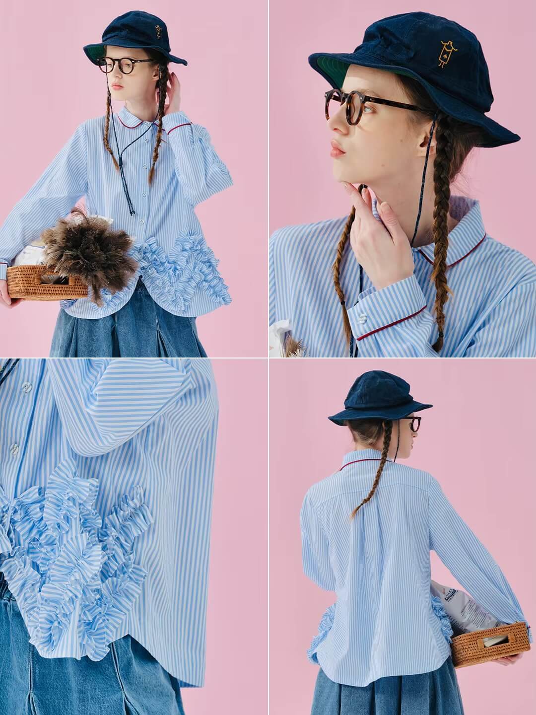 Japanese Ruffle Shirt  Women's ruffled blouses fashion style cotton loose lace design sense small collar ruffled shirts for woman in blue Womens Spring Summer holiday vacation getaway tops #244975