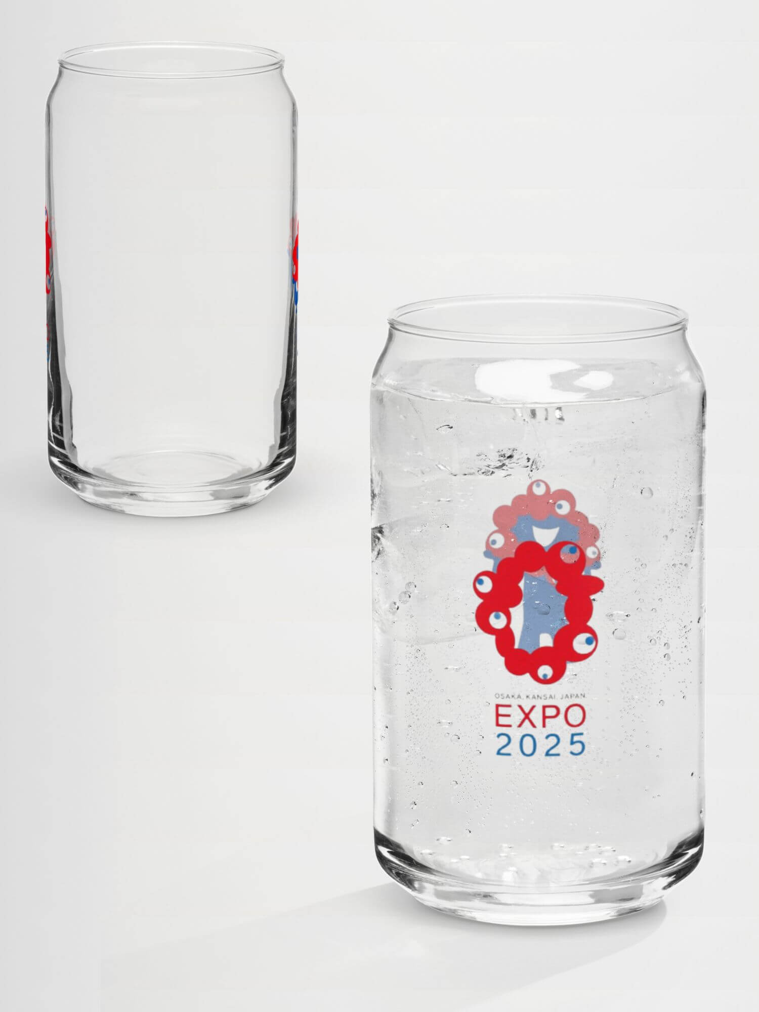 Can-Shaped Osaka Expo 2025 Glass Tumbler   Japanese graphic elements Myaku-Myaku character Drinks Glass wine, juice, milk drinking glasses Logo motif branded product item tumblers Glassware Transparent clear with red blue black letter print design Kansai Japan pattern tumblers manga souvenirs