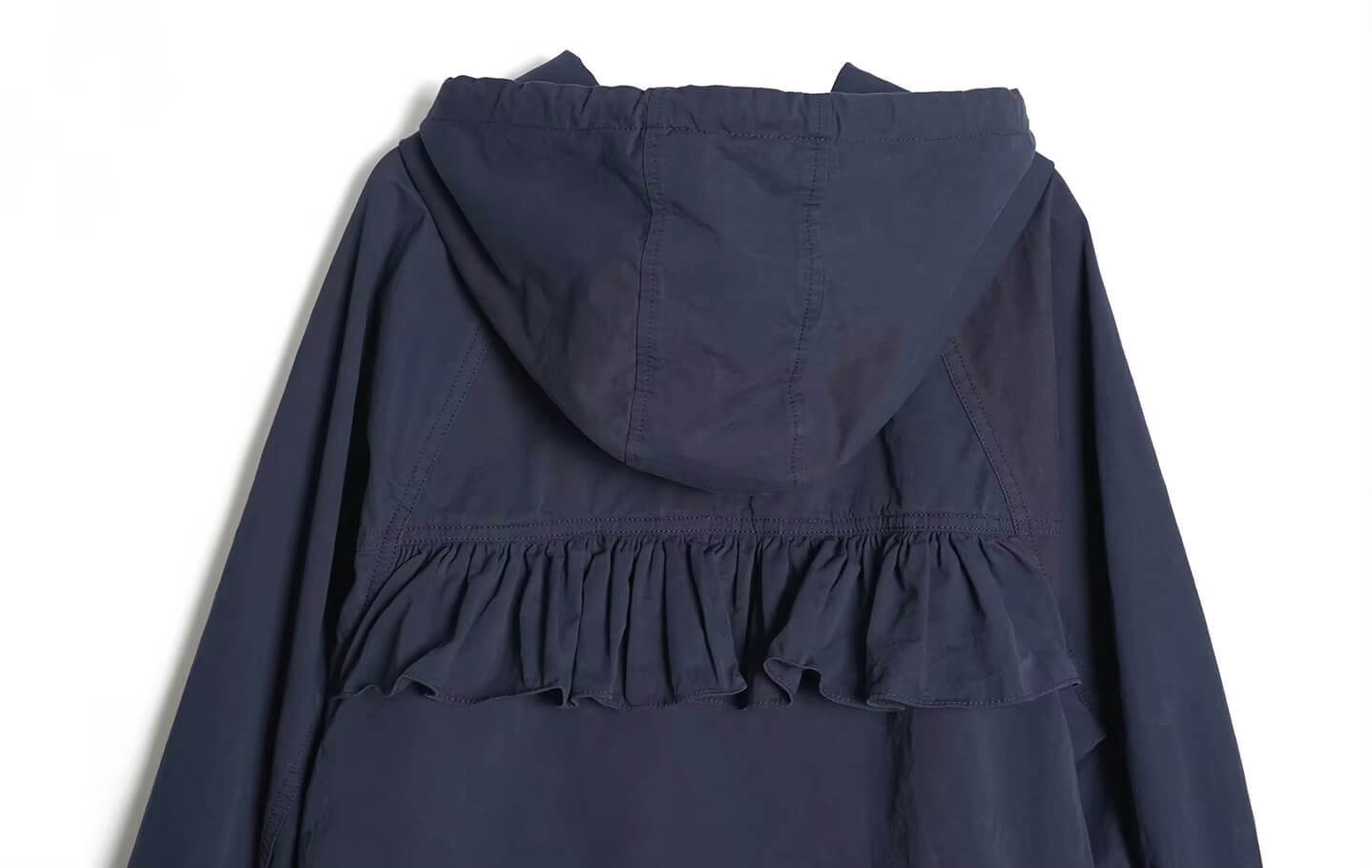 Japanese Hooded Jacket  Women's pure cotton high-density twill long sleeves with elasticated cuffs kanga pouch pocket pullover headband drawcord hoodie with drawstring tie hem ruffles outwear for woman in navy blue  Womens wfh office workwear spring ruffled outwerwear fashion style #244976