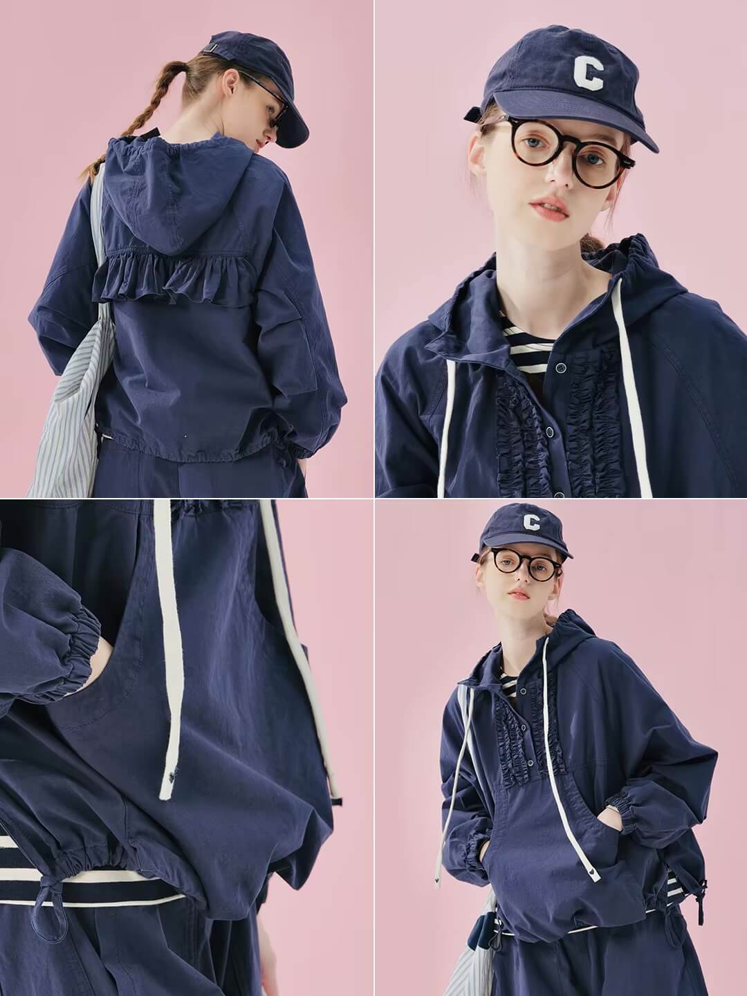 Japanese Hooded Jacket  Women's pure cotton high-density twill long sleeves with elasticated cuffs kanga pouch pocket pullover headband drawcord hoodie with drawstring tie hem ruffles outwear for woman in navy blue  Womens wfh office workwear spring ruffled outwerwear fashion style #244976