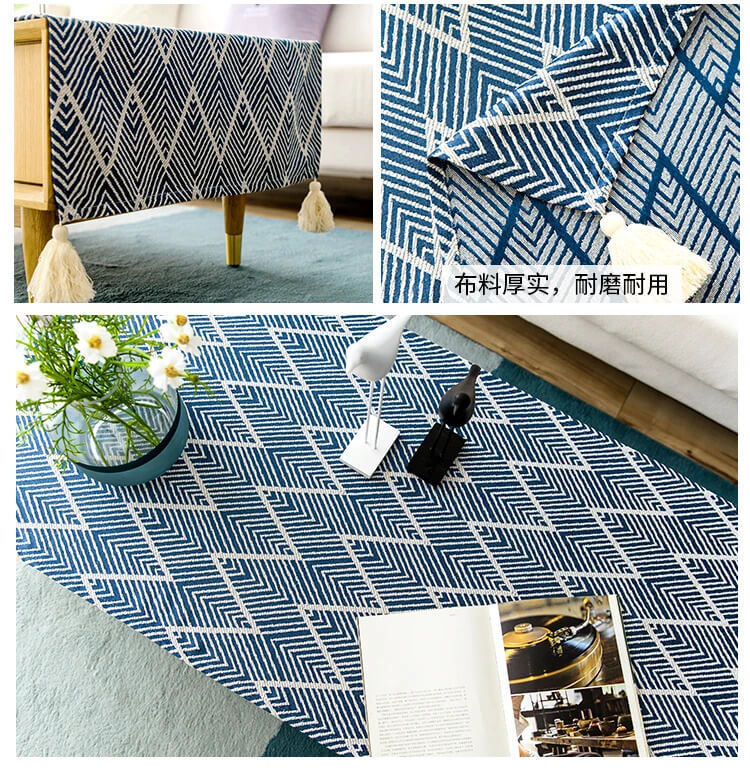 Japanese Coffee table tablecloth cloth art cotton linen thick desk living room table cloth TV cabinet cover towel linen in blue