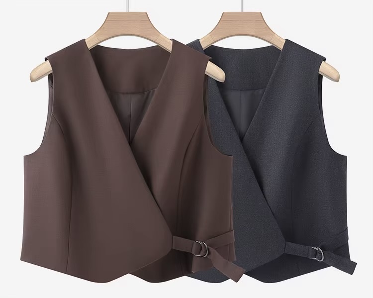 Women’s woman womens petite-, tall-, plus-, size Light Luxury High-Quality commute wfh office workwear Australian wool-blend buckle belt v-neck sleeveless blazer vest outerwear tops Outwear vests in brown, dark Gray grey