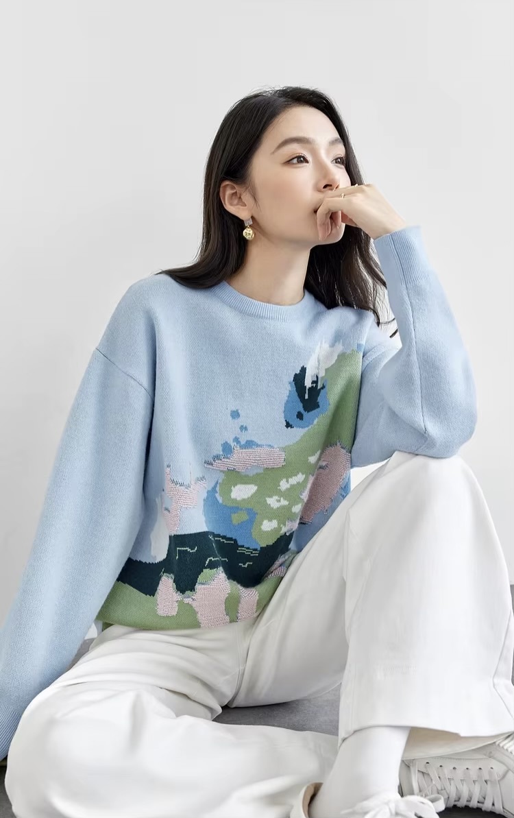 Jacquard Spliced Crewneck Sweater  Women’s winter thick warm round O-neck long sleeves knitted sweaters for woman in light blue office commute wfh womens workwear Pullovers Female petite-, tall-, plus-  size crew neck multicolor landscape art tops #W44E57694