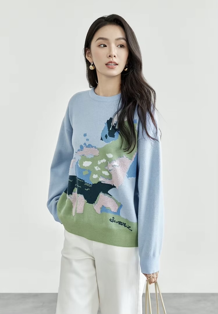 Jacquard Spliced Crewneck Sweater  Women’s winter thick warm round O-neck long sleeves knitted sweaters for woman in light blue office commute wfh womens workwear Pullovers Female petite-, tall-, plus-  size crew neck multicolor landscape art tops #W44E57694