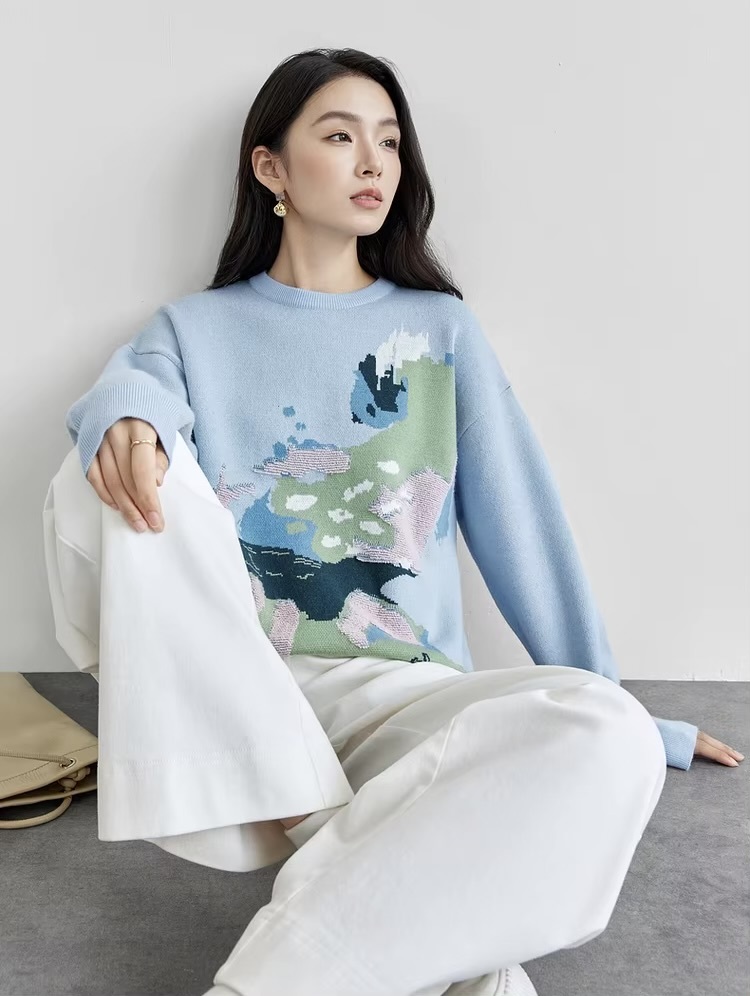 Jacquard Spliced Crewneck Sweater  Women’s winter thick warm round O-neck long sleeves knitted sweaters for woman in light blue office commute wfh womens workwear Pullovers Female petite-, tall-, plus-  size crew neck multicolor landscape art tops #W44E57694