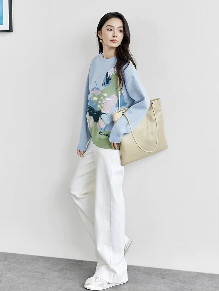 Jacquard Spliced Crewneck Sweater  Women’s winter thick warm round O-neck long sleeves knitted sweaters for woman in light blue office commute wfh womens workwear Pullovers Female petite-, tall-, plus-  size crew neck multicolor landscape art tops #W44E57694