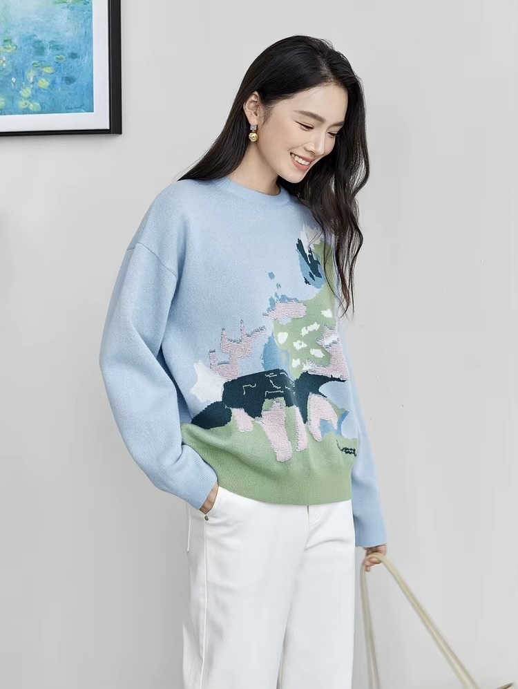 Jacquard Spliced Crewneck Sweater  Women’s winter thick warm round O-neck long sleeves knitted sweaters for woman in light blue office commute wfh womens workwear Pullovers Female petite-, tall-, plus-  size crew neck multicolor landscape art tops #W44E57694