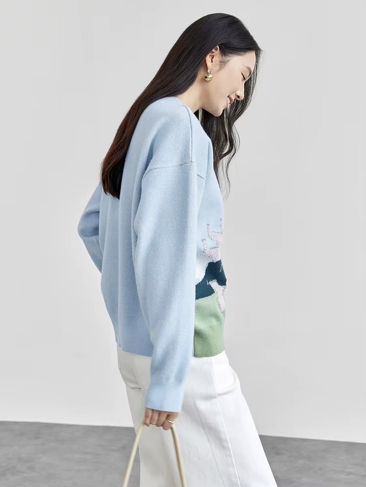 Jacquard Spliced Crewneck Sweater  Women’s winter thick warm round O-neck long sleeves knitted sweaters for woman in light blue office commute wfh womens workwear Pullovers Female petite-, tall-, plus-  size crew neck multicolor landscape art tops #W44E57694