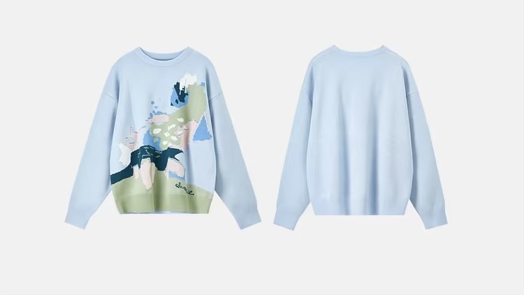 Jacquard Spliced Crewneck Sweater  Women’s winter thick warm round O-neck long sleeves knitted sweaters for woman in light blue office commute wfh womens workwear Pullovers Female petite-, tall-, plus-  size crew neck multicolor landscape art tops #W44E57694