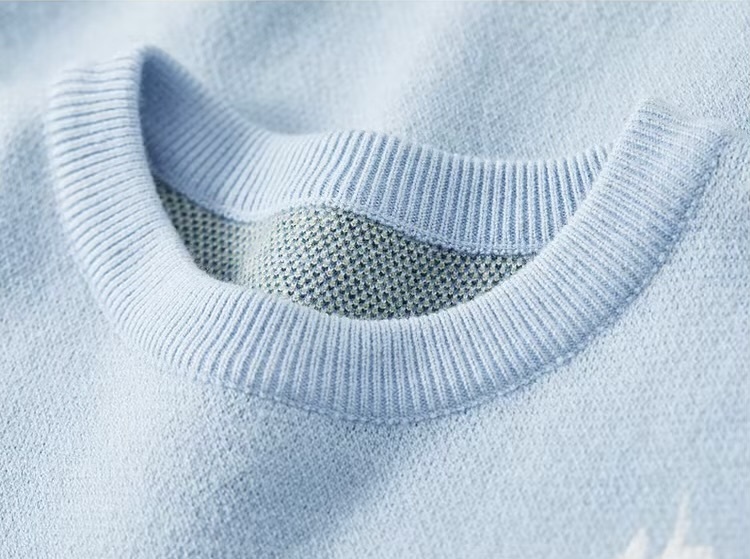 Jacquard Spliced Crewneck Sweater  Women’s winter thick warm round O-neck long sleeves knitted sweaters for woman in light blue office commute wfh womens workwear Pullovers Female petite-, tall-, plus-  size crew neck multicolor landscape art tops #W44E57694