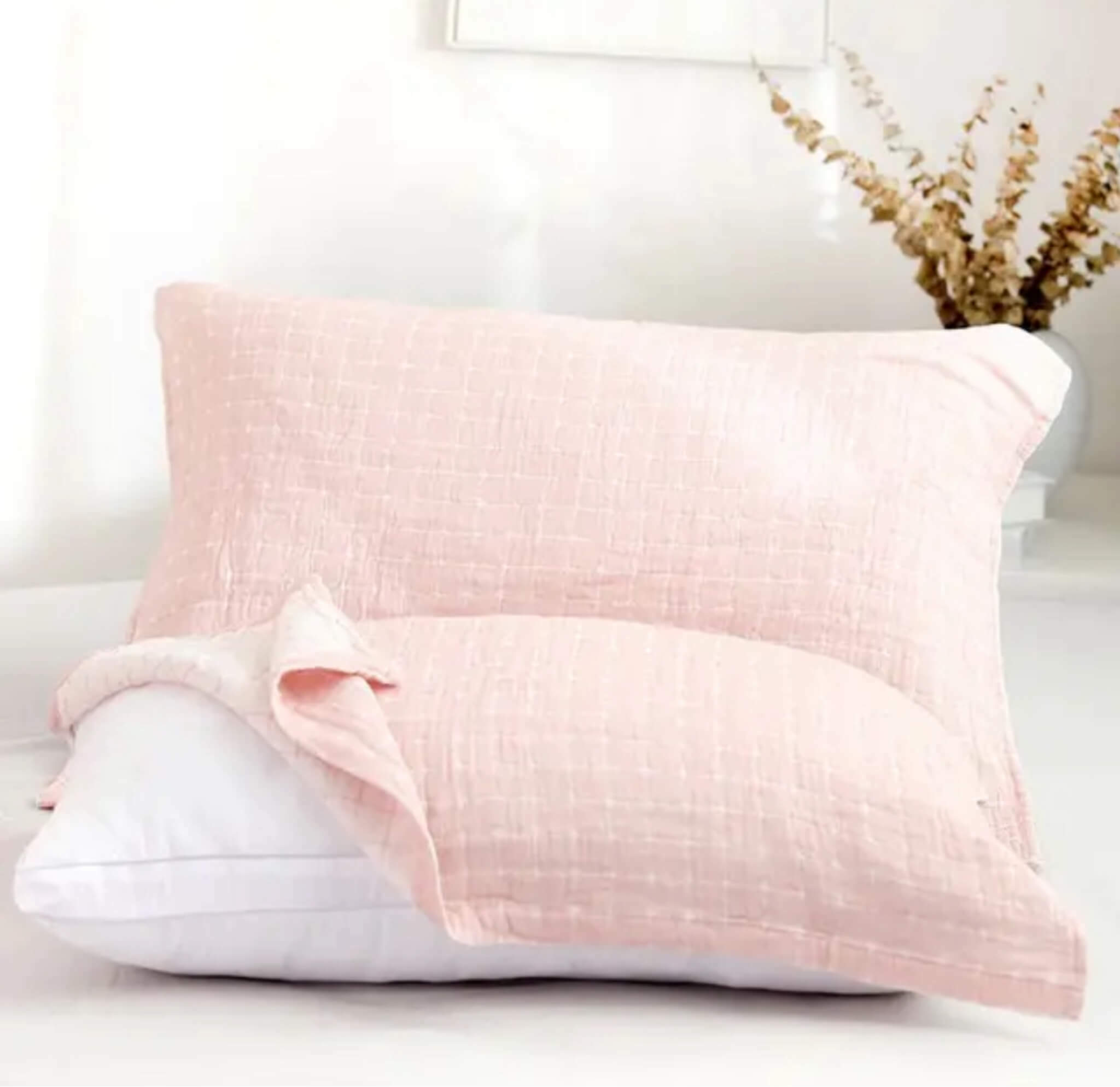 Four Layer Super Soft Towelket Set   2-Piece Pillow Towel Breathable Pillows Covers Season Household Simple Washable Bedding Couple One Pair Cases in plaid pink with white