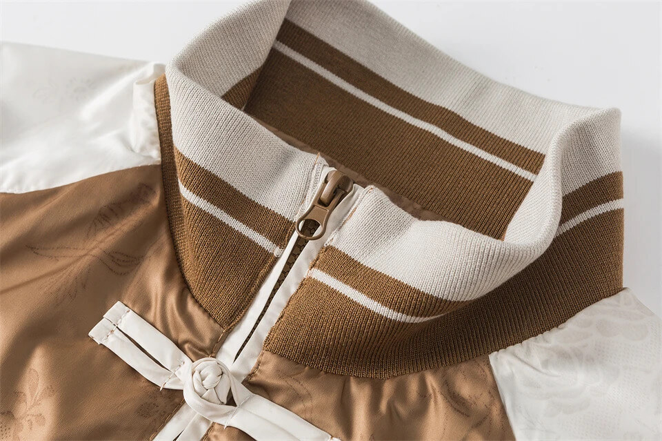 Women's woman womens petite-, tall-, plus-, size Coquette Japanese Chinese Style Baseball stand rib-band collar long sleeves with elasticated ribbed striped cuffs horn-button close slit side pockets zipper-up close outwear Coats and Bomber Jackets Fashion Aesthetic Clothing outerwear in coffee beige-brown with white accent 