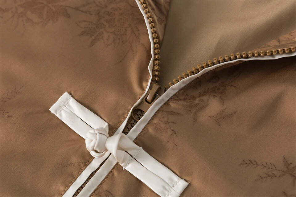 Women's woman womens petite-, tall-, plus-, size Coquette Japanese Chinese Style Baseball stand rib-band collar long sleeves with elasticated ribbed striped cuffs horn-button close slit side pockets zipper-up close outwear Coats and Bomber Jackets Fashion Aesthetic Clothing outerwear in coffee beige-brown with white accent 