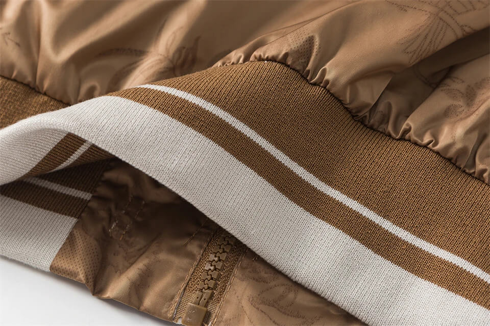 Women's woman womens petite-, tall-, plus-, size Coquette Japanese Chinese Style Baseball stand rib-band collar long sleeves with elasticated ribbed striped cuffs horn-button close slit side pockets zipper-up close outwear Coats and Bomber Jackets Fashion Aesthetic Clothing outerwear in coffee beige-brown with white accent 