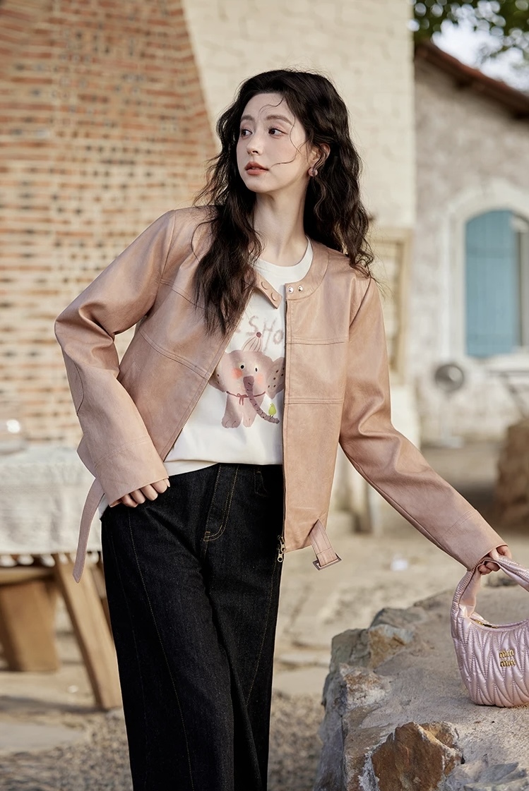 PU Leather Jacket pink      Women's round collarless with double snap button band neckline shoulder long sleeves with reinforced patchwork elbows slant side pockets zipper closure with buckle hem slim fit leisure outerwear Jackets for woman Female Spring womens Fashion outwear coats #MXE11W0714