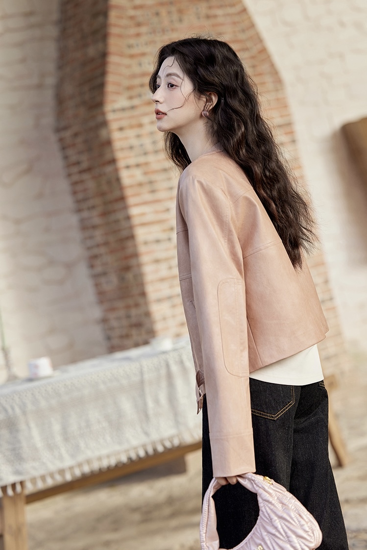 PU Leather Jacket pink      Women's round collarless with double snap button band neckline shoulder long sleeves with reinforced patchwork elbows slant side pockets zipper closure with buckle hem slim fit leisure outerwear Jackets for woman Female Spring womens Fashion outwear coats #MXE11W0714