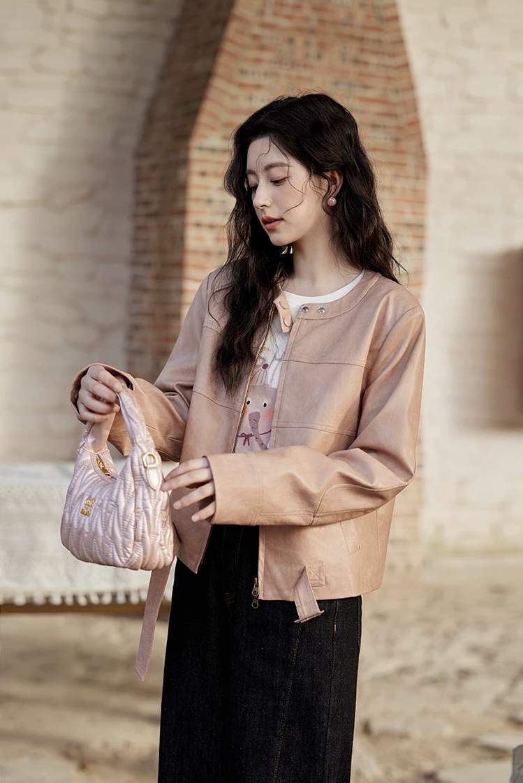 PU Leather Jacket pink      Women's round collarless with double snap button band neckline shoulder long sleeves with reinforced patchwork elbows slant side pockets zipper closure with buckle hem slim fit leisure outerwear Jackets for woman Female Spring womens Fashion outwear coats #MXE11W0714