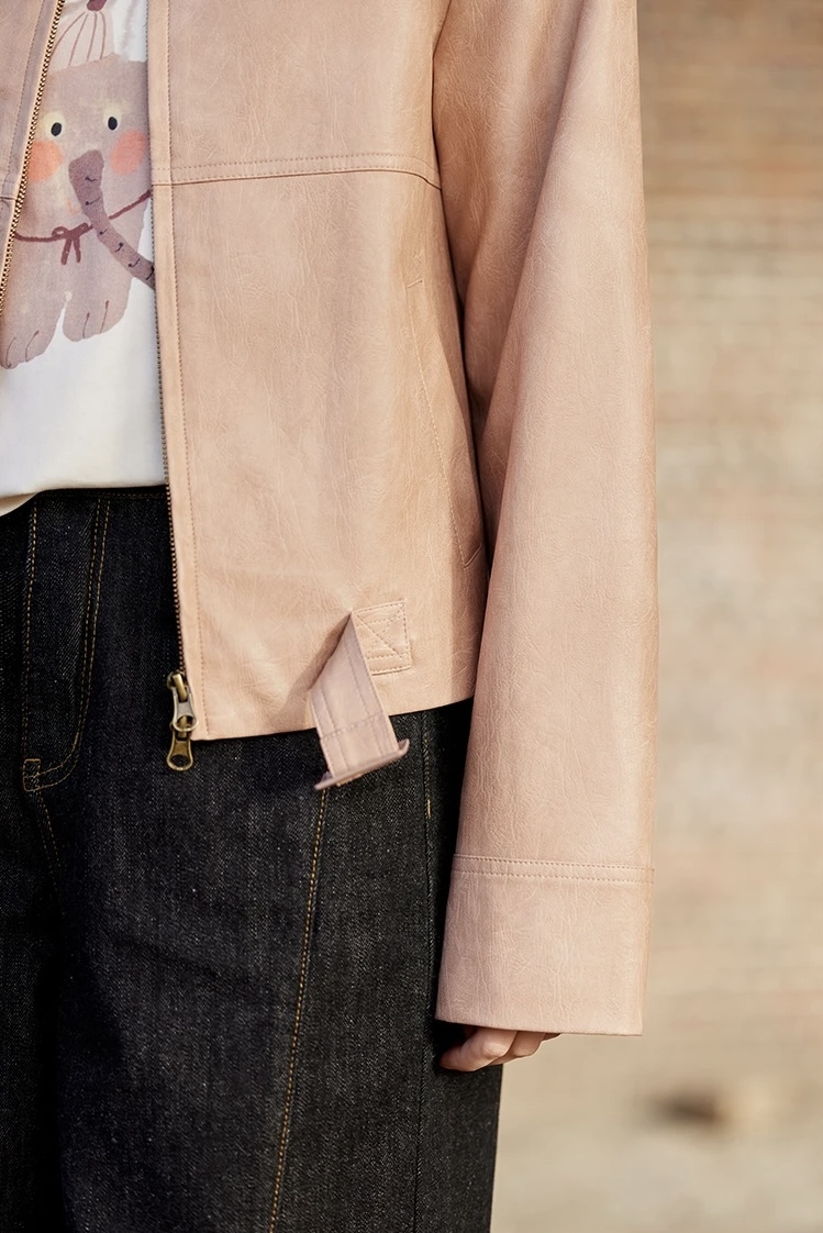 PU Leather Jacket pink      Women's round collarless with double snap button band neckline shoulder long sleeves with reinforced patchwork elbows slant side pockets zipper closure with buckle hem slim fit leisure outerwear Jackets for woman Female Spring womens Fashion outwear coats #MXE11W0714