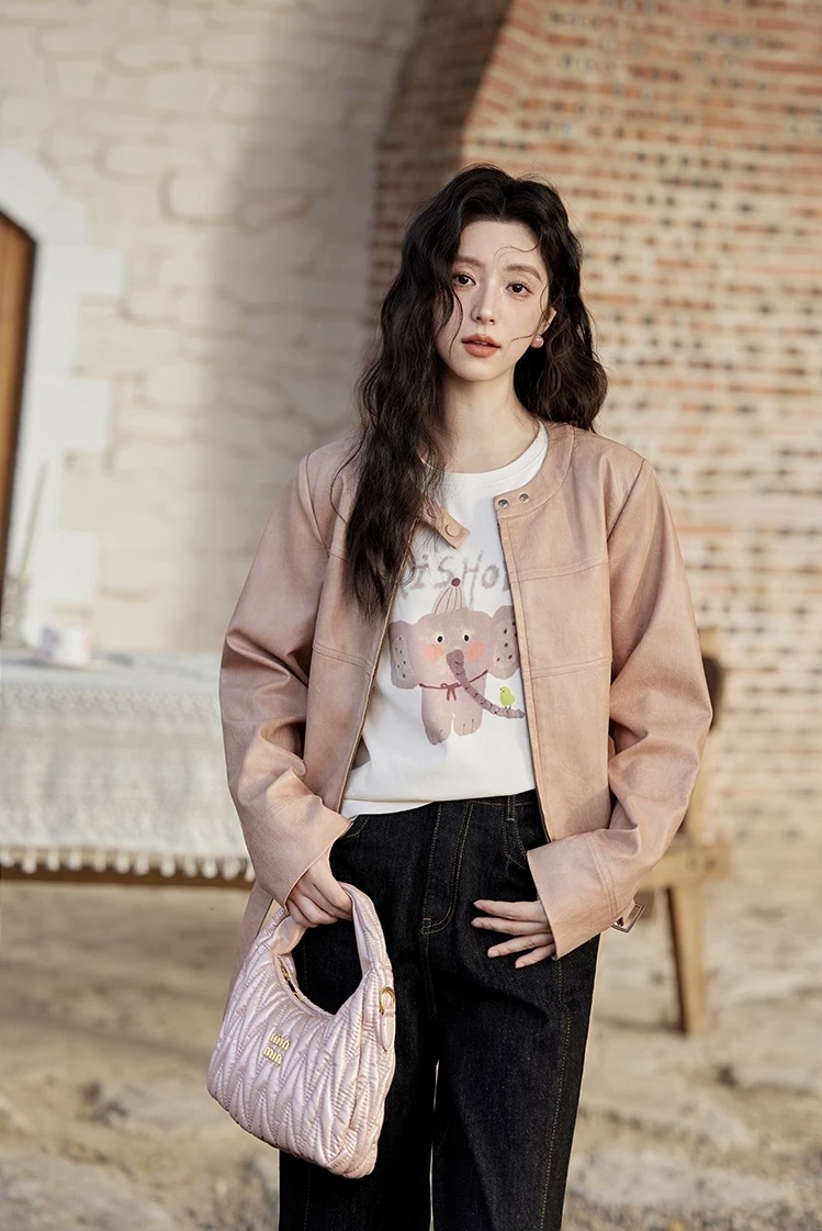 PU Leather Jacket pink      Women's round collarless with double snap button band neckline shoulder long sleeves with reinforced patchwork elbows slant side pockets zipper closure with buckle hem slim fit leisure outerwear Jackets for woman Female Spring womens Fashion outwear coats #MXE11W0714