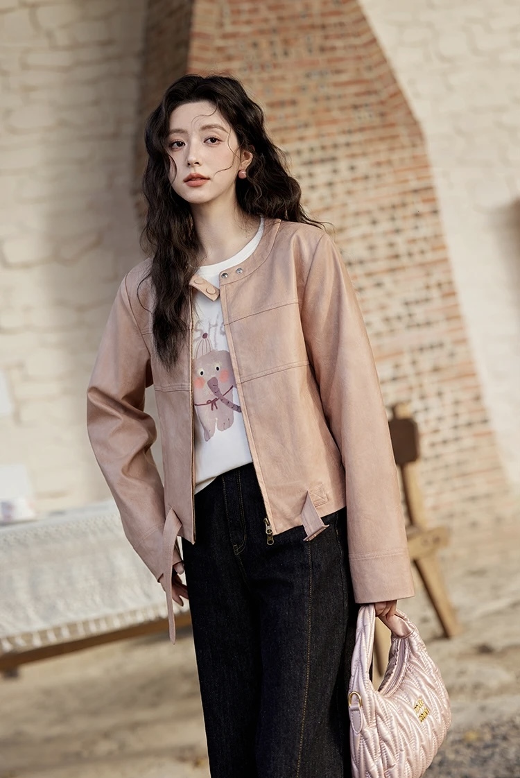 PU Leather Jacket pink      Women's round collarless with double snap button band neckline shoulder long sleeves with reinforced patchwork elbows slant side pockets zipper closure with buckle hem slim fit leisure outerwear Jackets for woman Female Spring womens Fashion outwear coats #MXE11W0714