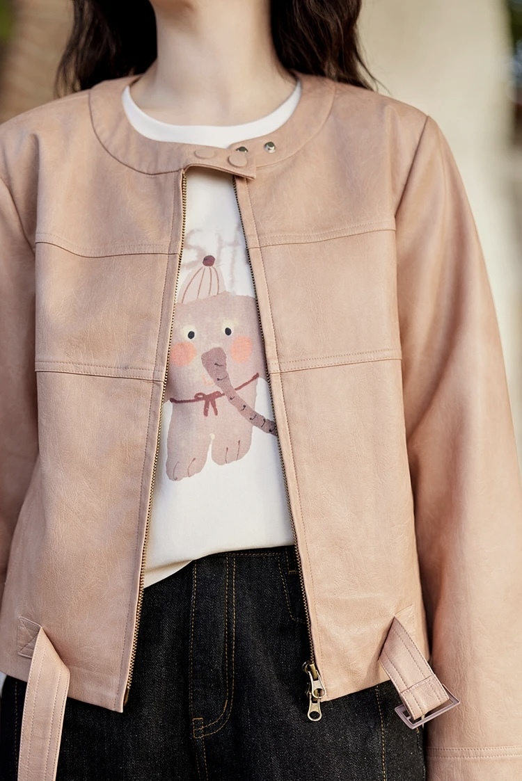 PU Leather Jacket pink      Women's round collarless with double snap button band neckline shoulder long sleeves with reinforced patchwork elbows slant side pockets zipper closure with buckle hem slim fit leisure outerwear Jackets for woman Female Spring womens Fashion outwear coats #MXE11W0714