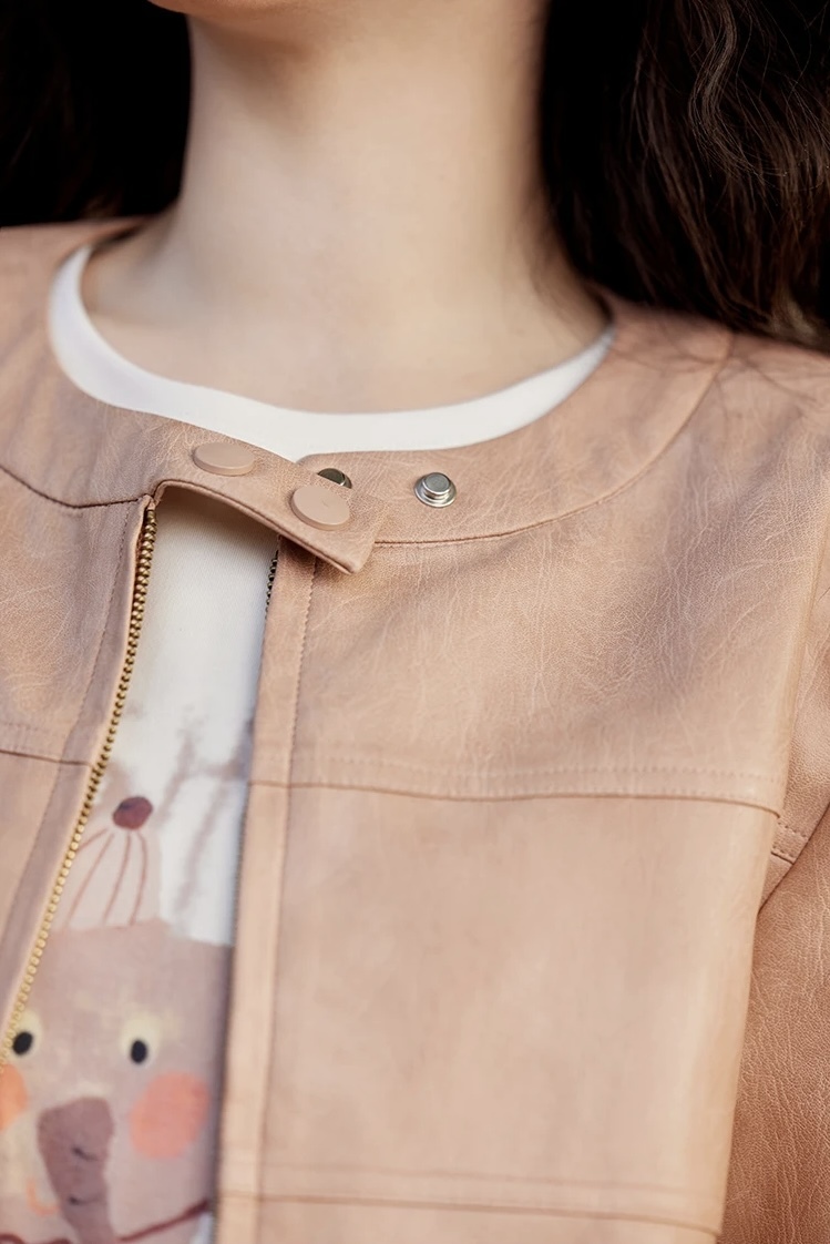 PU Leather Jacket pink      Women's round collarless with double snap button band neckline shoulder long sleeves with reinforced patchwork elbows slant side pockets zipper closure with buckle hem slim fit leisure outerwear Jackets for woman Female Spring womens Fashion outwear coats #MXE11W0714