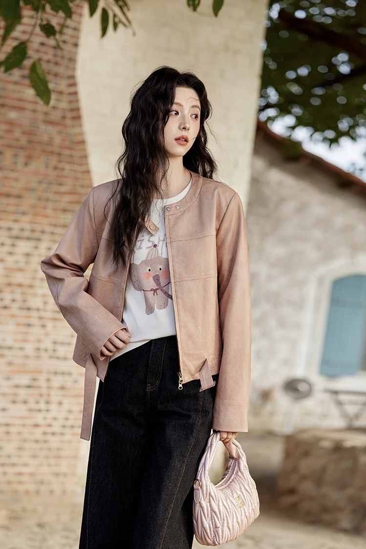 PU Leather Jacket pink      Women's round collarless with double snap button band neckline shoulder long sleeves with reinforced patchwork elbows slant side pockets zipper closure with buckle hem slim fit leisure outerwear Jackets for woman Female Spring womens Fashion outwear coats #MXE11W0714