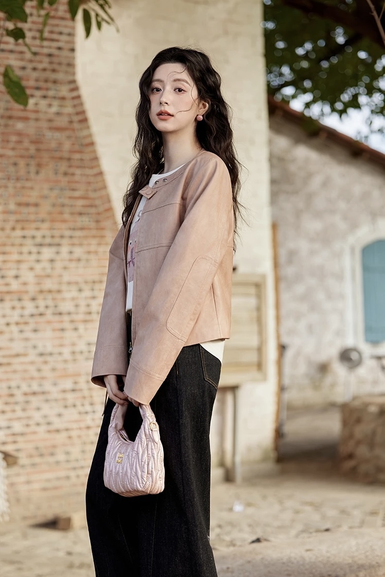 PU Leather Jacket pink      Women's round collarless with double snap button band neckline shoulder long sleeves with reinforced patchwork elbows slant side pockets zipper closure with buckle hem slim fit leisure outerwear Jackets for woman Female Spring womens Fashion outwear coats #MXE11W0714