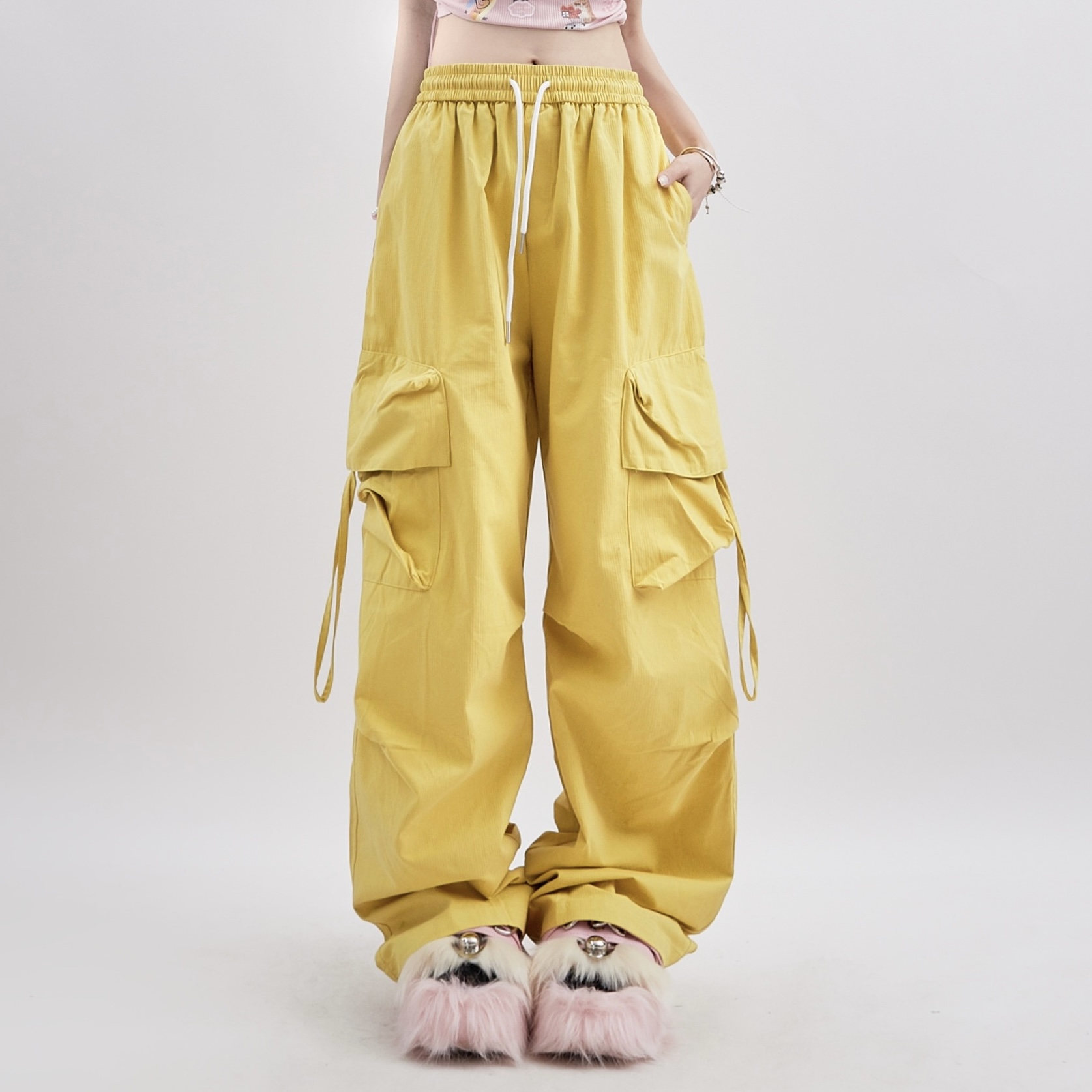 High Rise Cargo Pants Women’s Yellow High-rise Waist Vintage Fashion Leisure Straight Wide Leg Street Female Summer Mopping Trousers for Woman