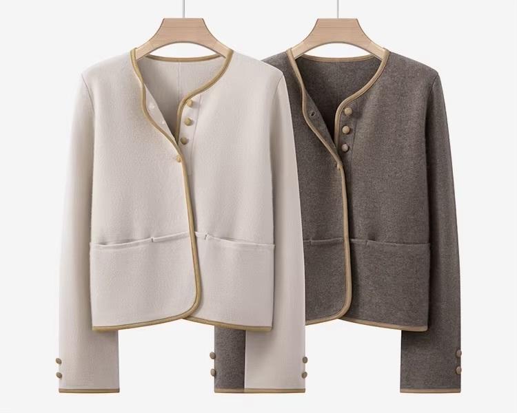 Women’s woman womens petite-, tall-, plus-, size Light Luxury High-quality Minimalist LP Knit Cashmere Blend Elegant Winter commute wfh office workwear evening party v-neck button close patch pockets sweater cardigan Jacket outwear Outerwear jackets in apricot white, coffee brown with orange trim color