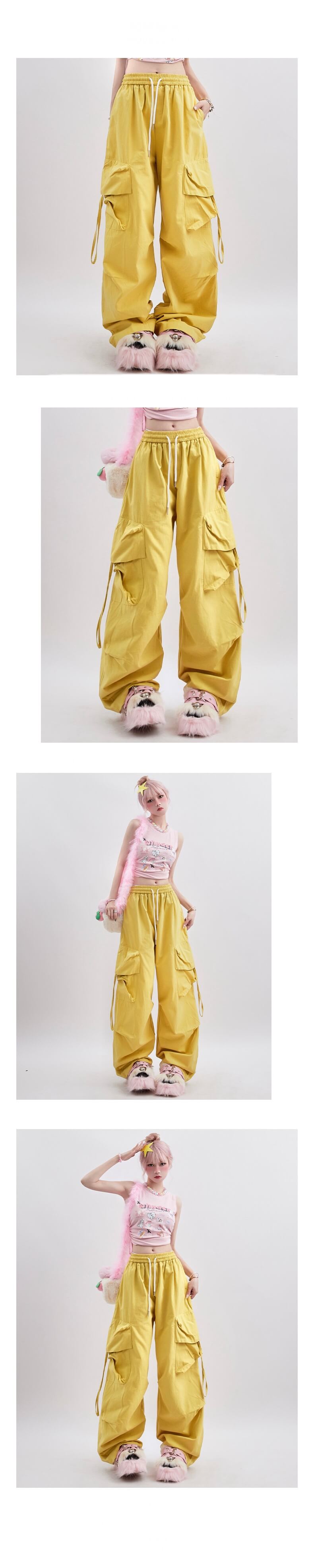 High Rise Cargo Pants Women’s Yellow High-rise Waist Vintage Fashion Leisure Straight Wide Leg Street Female Summer Mopping Trousers for Woman