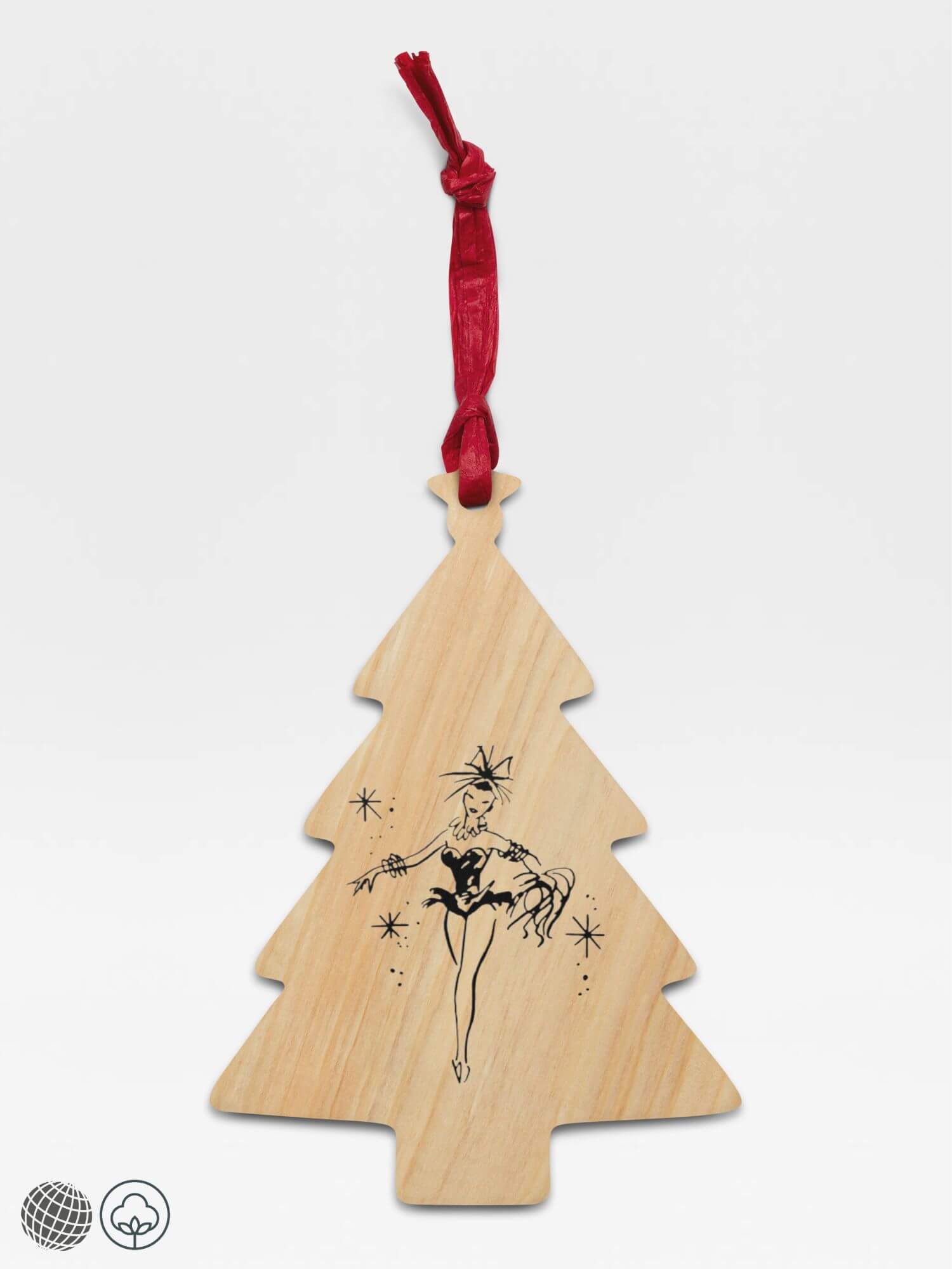 Fairy Tree Wooden Ornament   Festive handcrafted Hinoki wood with paper ribbon and magnet Christmas holiday season trees refrigerator magnets hanging decorative home ornaments in natural color with black ink design