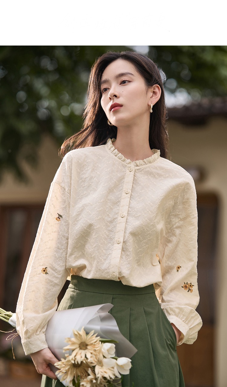 Embroidery Ruffled Shirt  Women’s Spring Floral Embroidered Ruffles Fashion Leisure Female Long Sleeve Chic Comfortable Casual Blouse Tops Plus size Shirts for Woman in Green